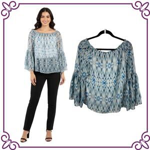 WHBM Off the Shoulder Bell Sleeves Metallic Semi Sheer Geometric Blouse Medium